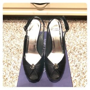 NIB Stuart Weitzman Black Satin Peeptoe Slingback
